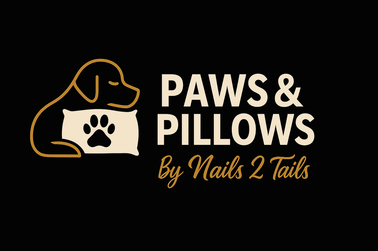 Dog logo for "Paws & Pillows by Nails 2 Tails" with a silhouette and paw print pillow.